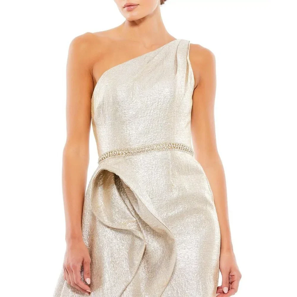 MAC DUGGAL Women's One Shoulder Metallic Ruffled Evening Gown Oyster 0